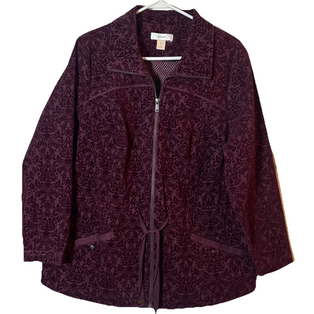 CJ Banks Jacket Womens 1X Purple Damask Zip Front‎ Structured Midweight Blazer